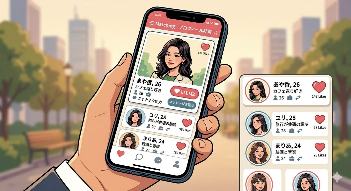 スマートフォンの画面に、複数の女性のプロフィールと「いいね」マークが表示されている。